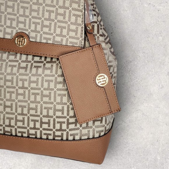 Tommy Hilfiger Large Tan Tonal Jacquard Backpack with Detachable Card Ho…